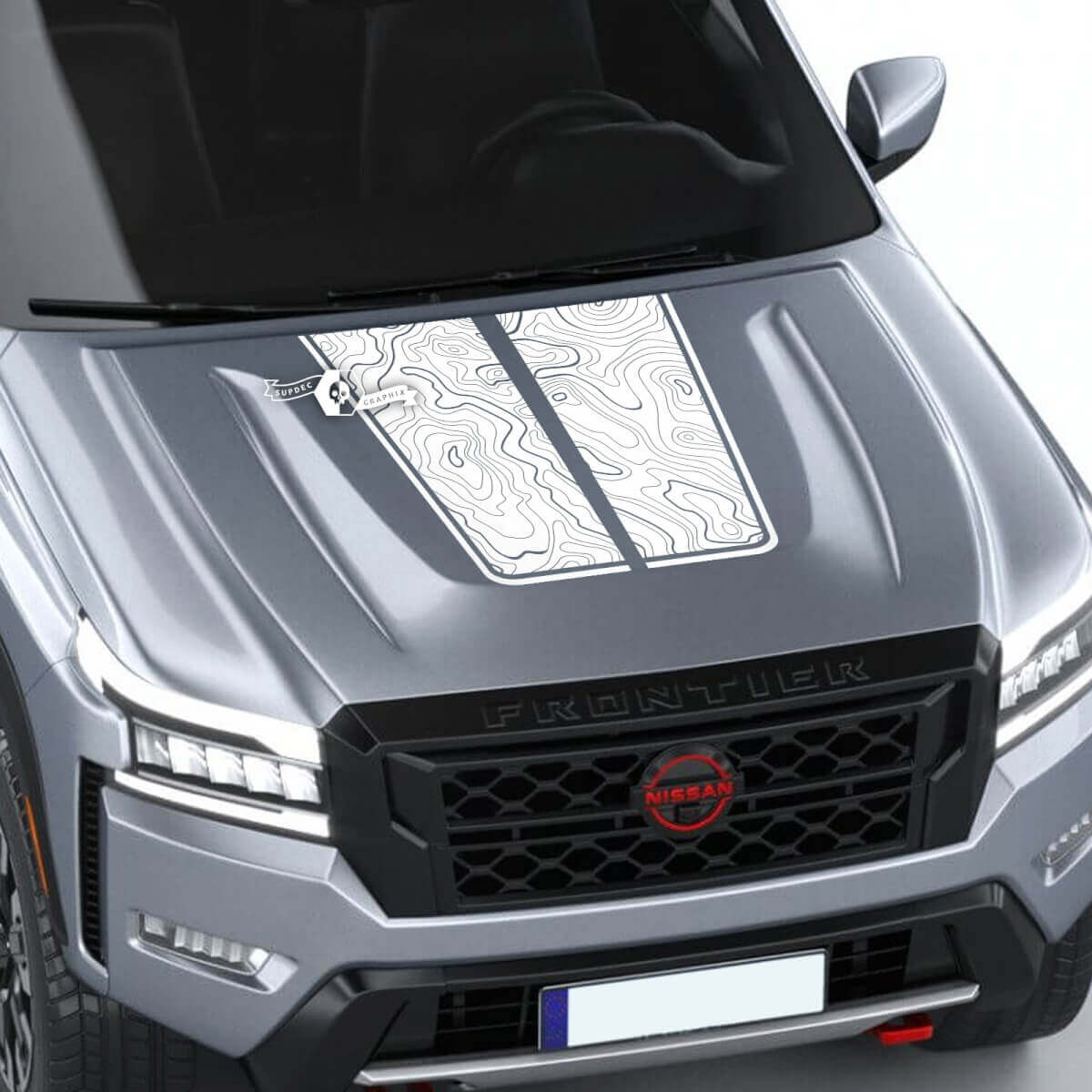 Nissan Frontier S SV Pro-4x Autocollant de capot en vinyle Carte topographique Lignes de contour hors route Autocollant graphique double occultant
