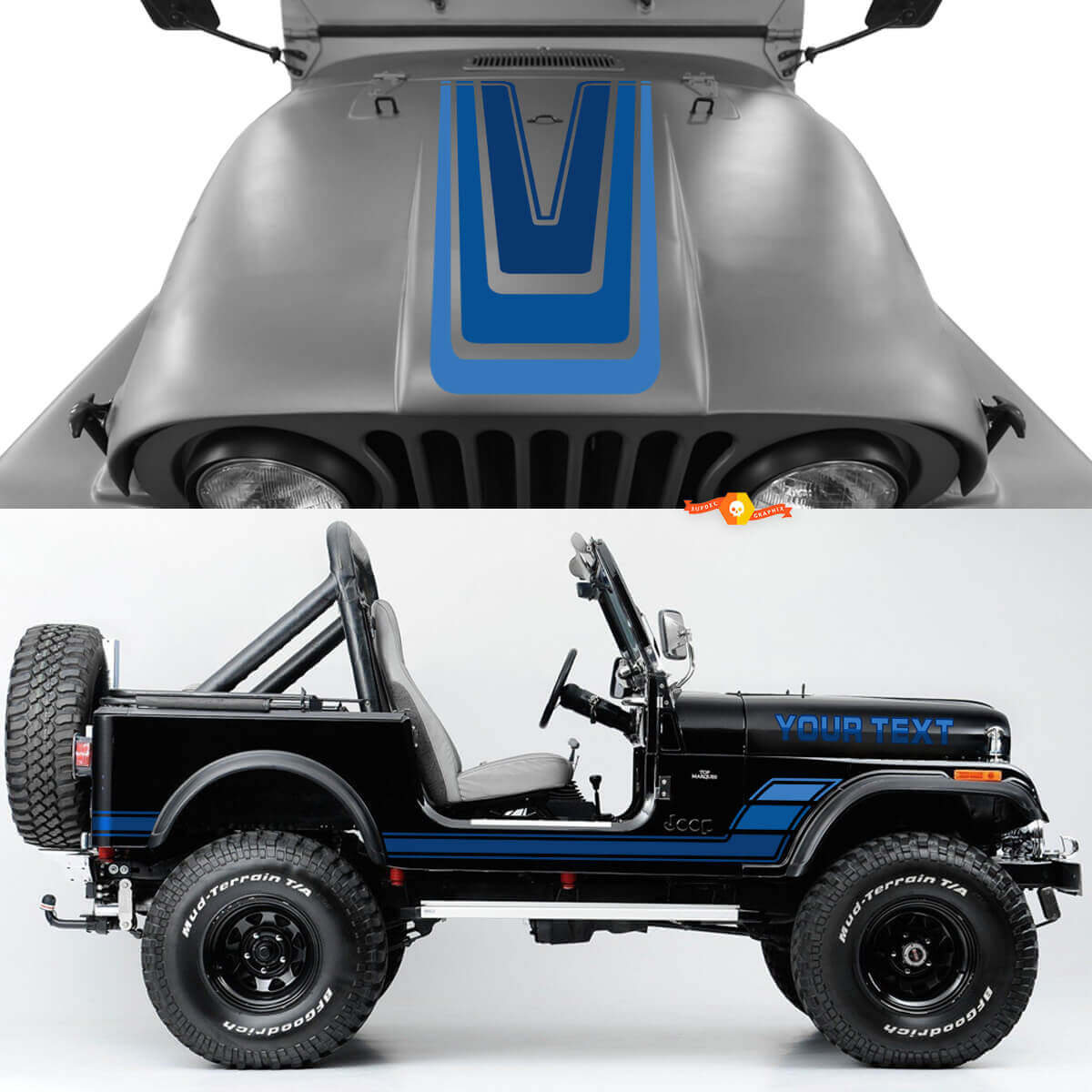 Autocollants vinyle rayures vintage capot latérales Kit 2 pour Jeep Renegade CJ7