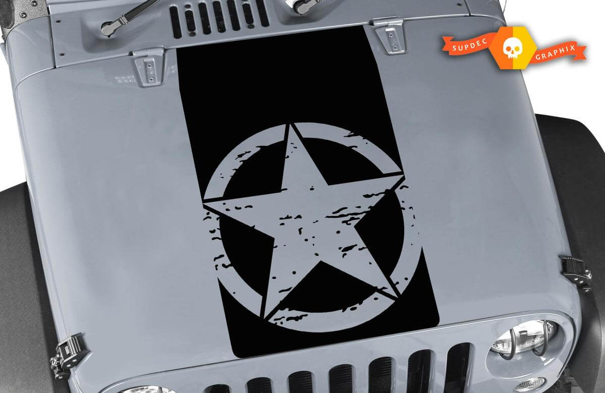 Autocollant en vinyle à capuche militaire étoile usée en noir pour Jeep Wrangler