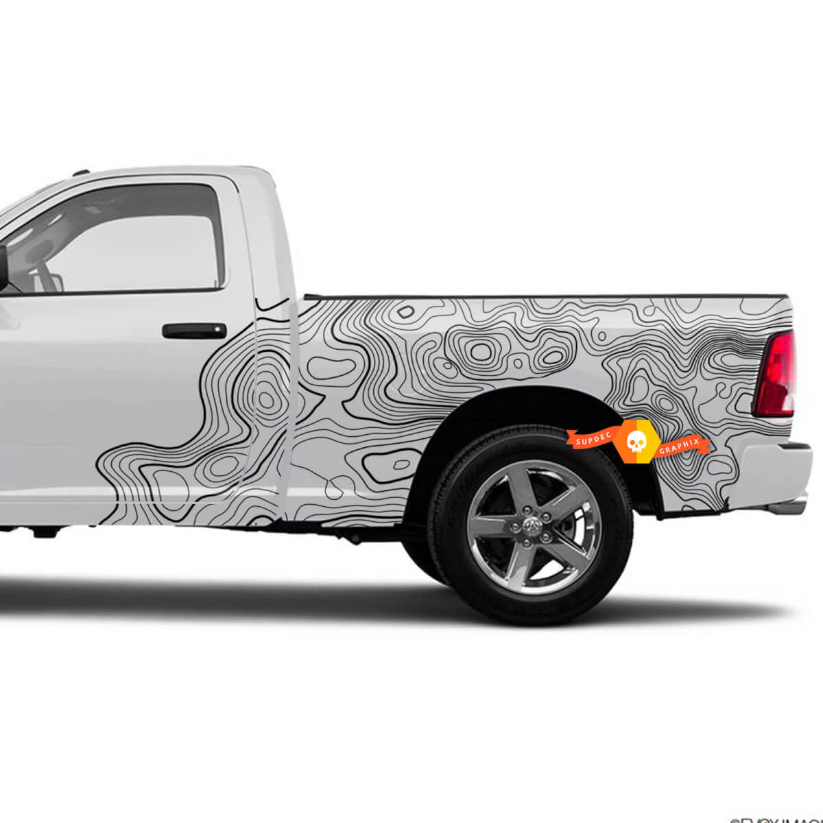 Paire Dodge Ram Tradesman 1500 4x4 Crew Cab Carte topographique Topo Lit Portes latérales Camion Vinyle Autocollant Autocollant Graphique

