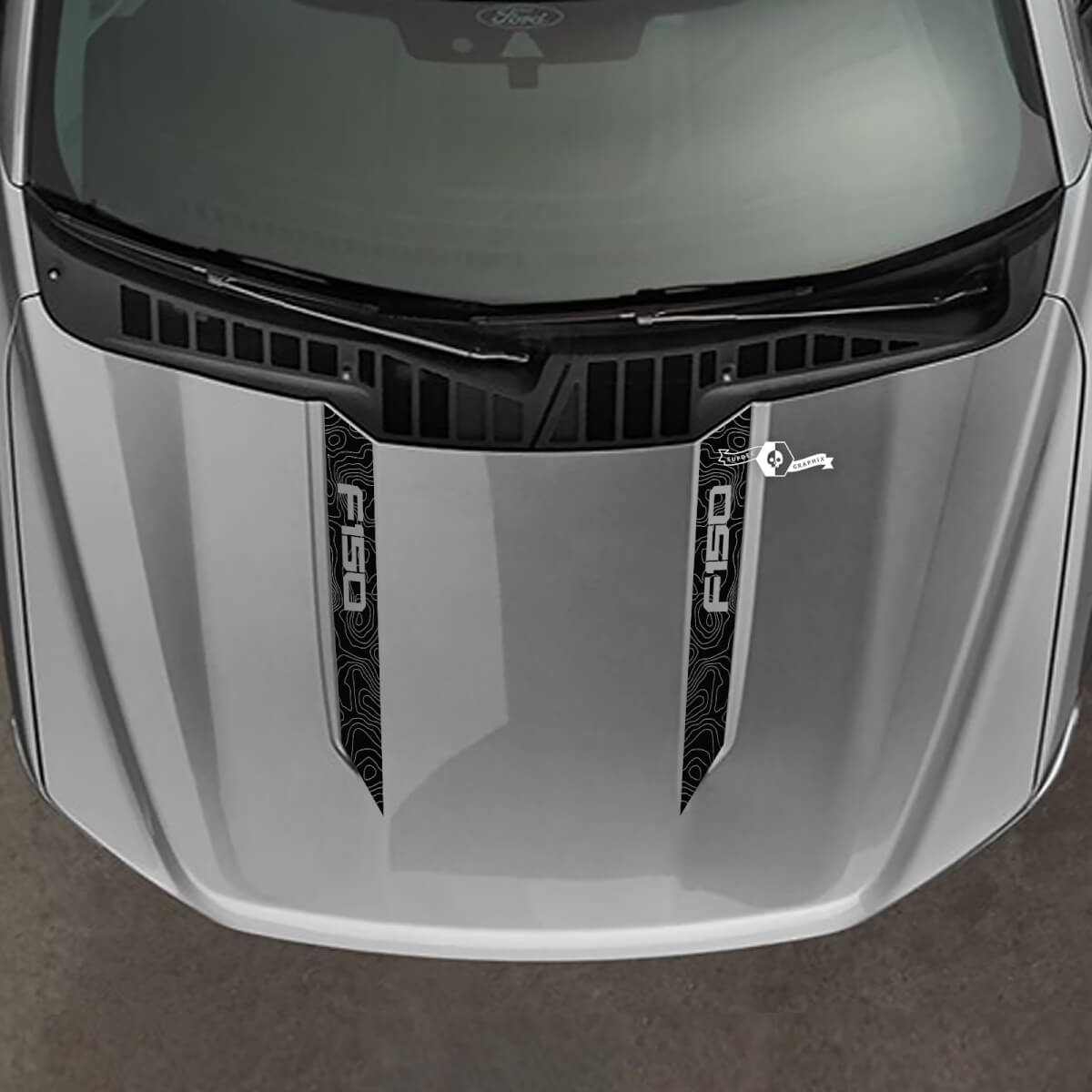Ford F-150 2021-2024 Large capot Spear Stripes Carte topographique Conception Autocollants en vinyle Décalcomanies

