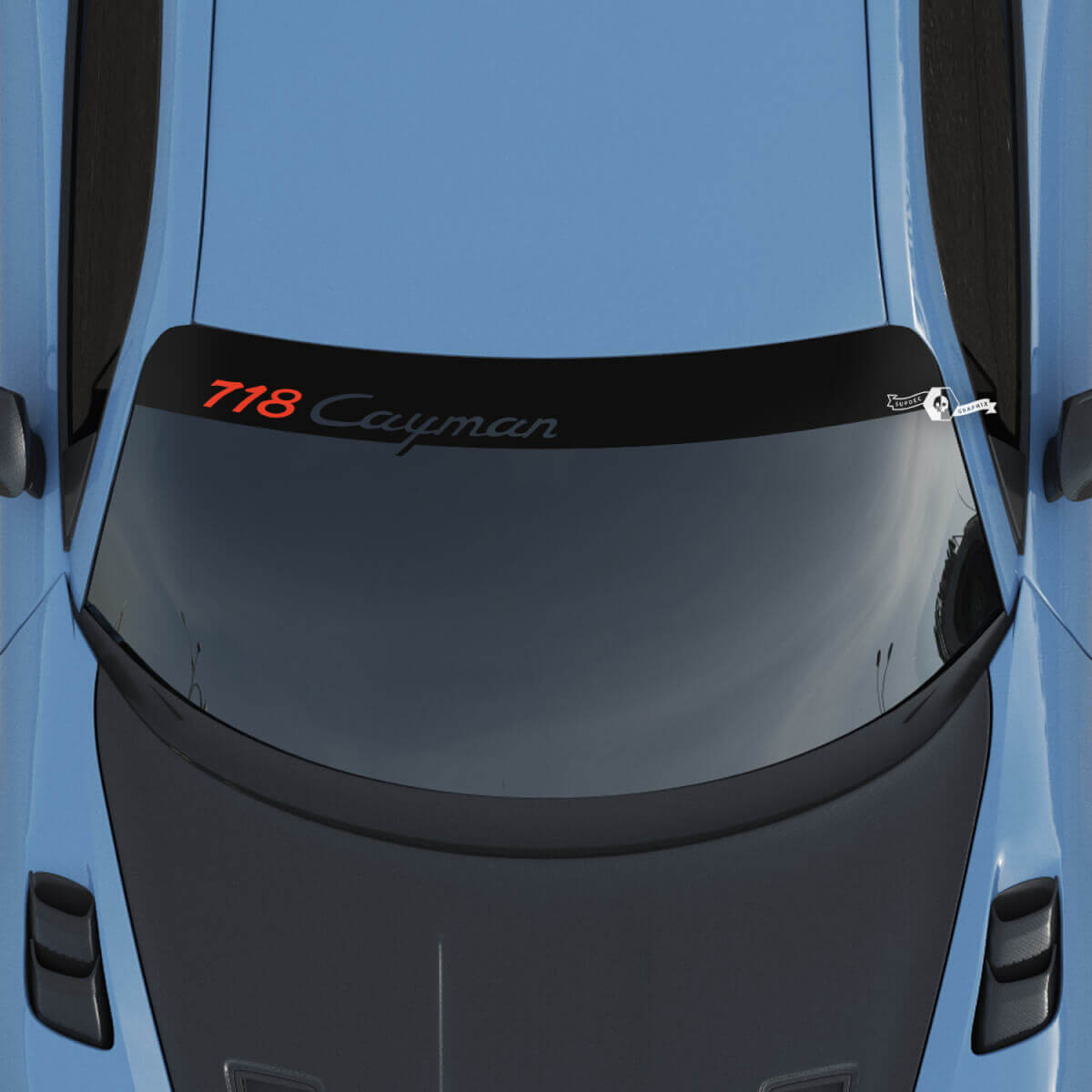 Logo de pare-brise Porsche 718 Cayman avec kit d'autocollants de bandes de fond
