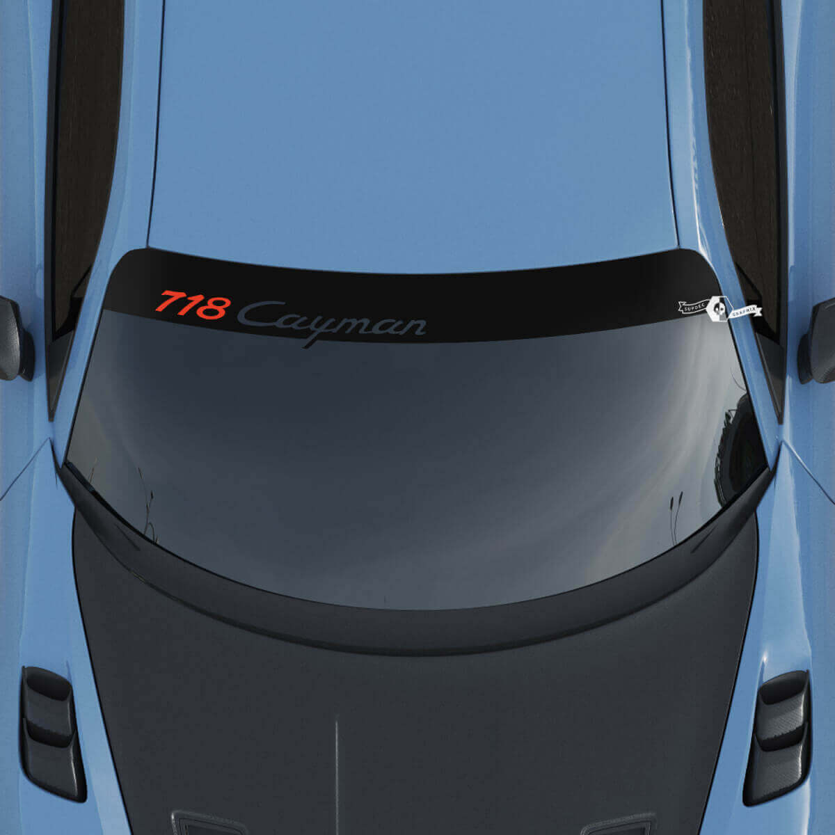 Logo de pare-brise Porsche 718 Cayman avec kit d'autocollants de bandes de fond
