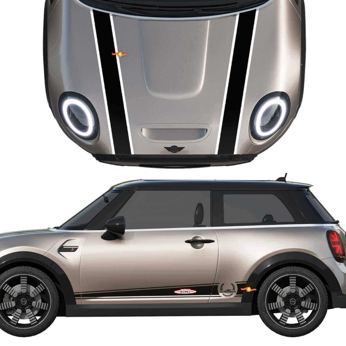 Autocollant Vinyle Rayures John Cooper Works Capot & Côté pour MINI Cooper