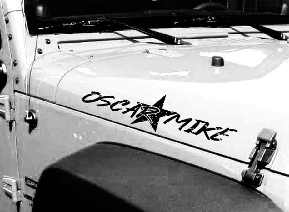 Paire d'autocollants vinyle latéraux Star usé Oscar Mike pour capot Jeep Wrangler