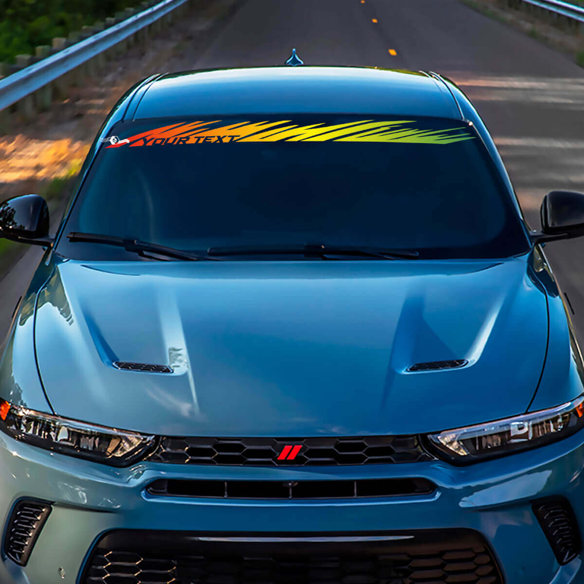 Bannière de pare-brise en vinyle effet vieilli couleur personnalisée pour Dodge Hornet