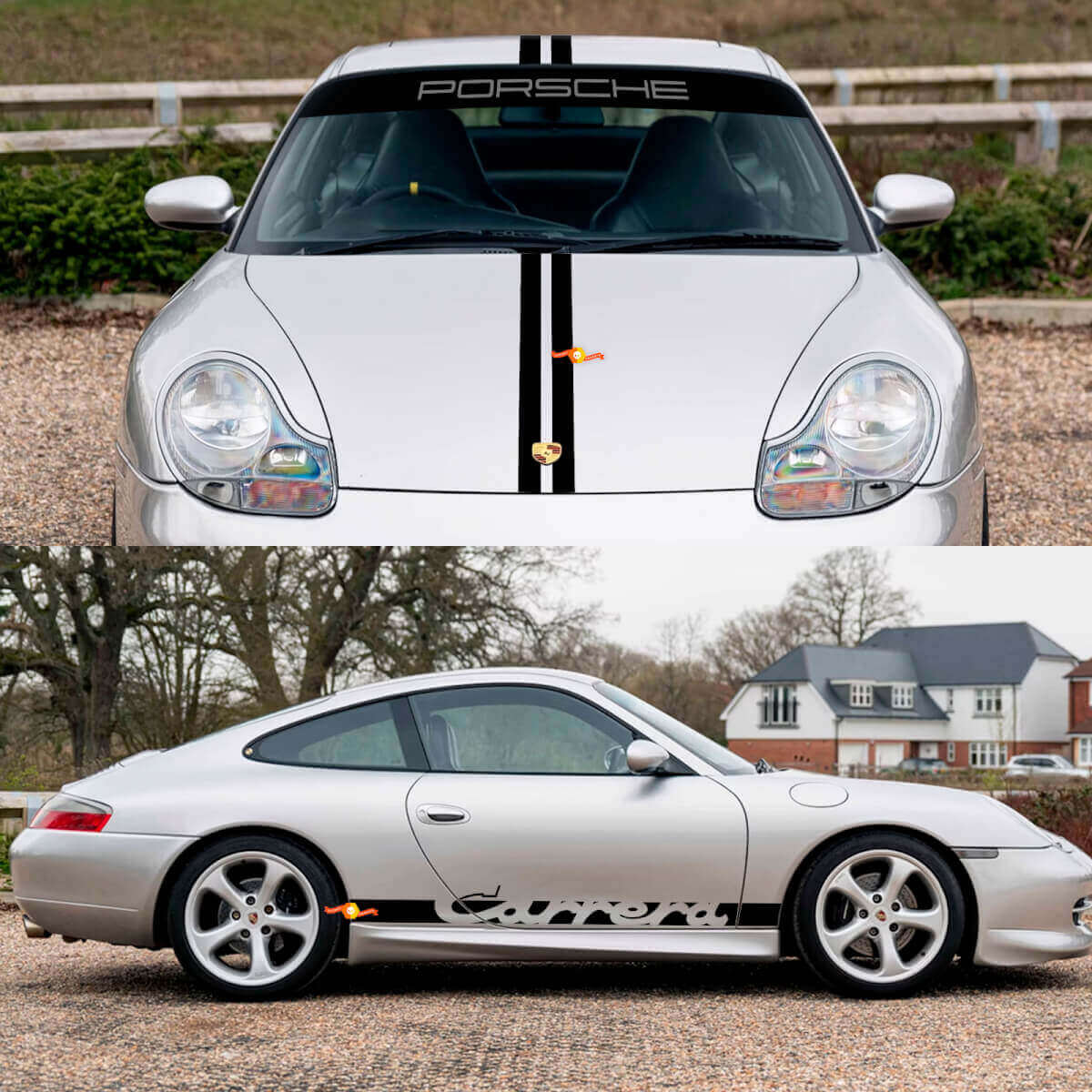 Kit d'autocollants rétro de bandes Carrera sur capot, côté et pare-brise pour Porsche 911