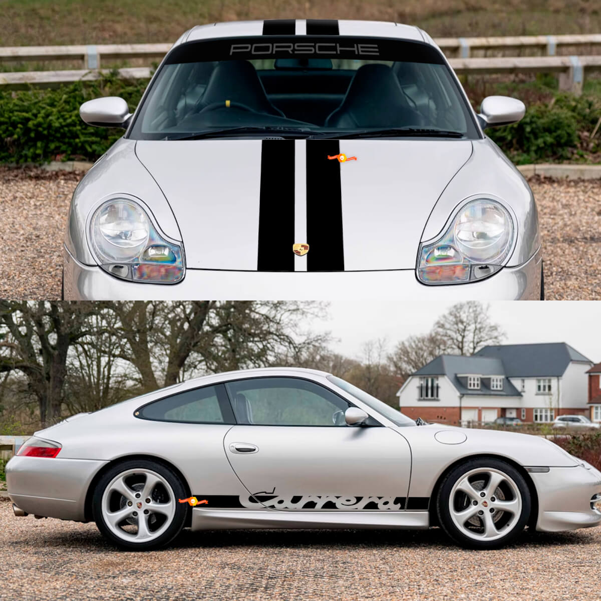 Porsche 911 Carrera Dual Central Stripes Retro Retro Hood Side Windshield Decal Sticker Kit
