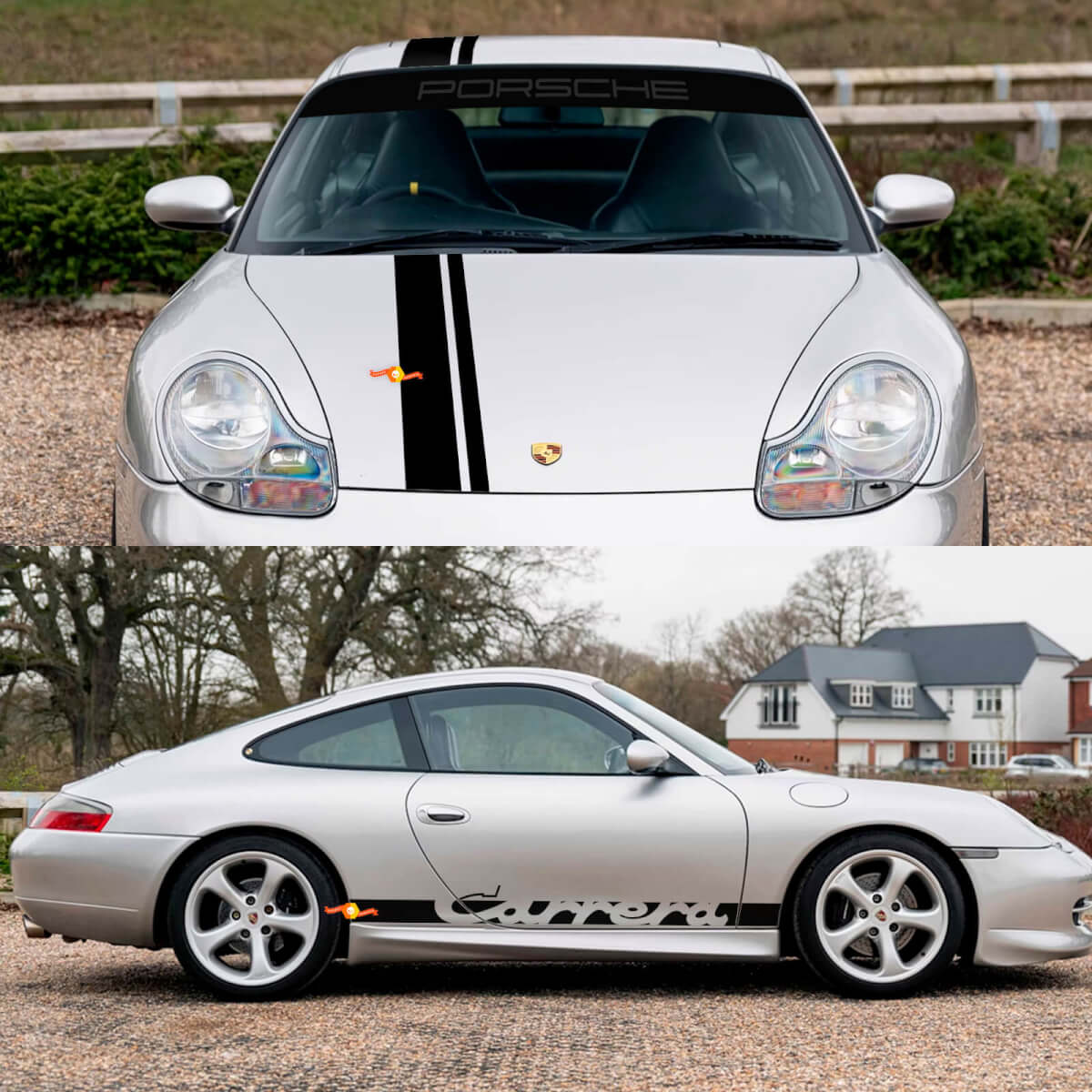 Porsche 911 Carrera Dual Central Stripes Retro Retro Hood Side Windshield Decal Sticker Kit
