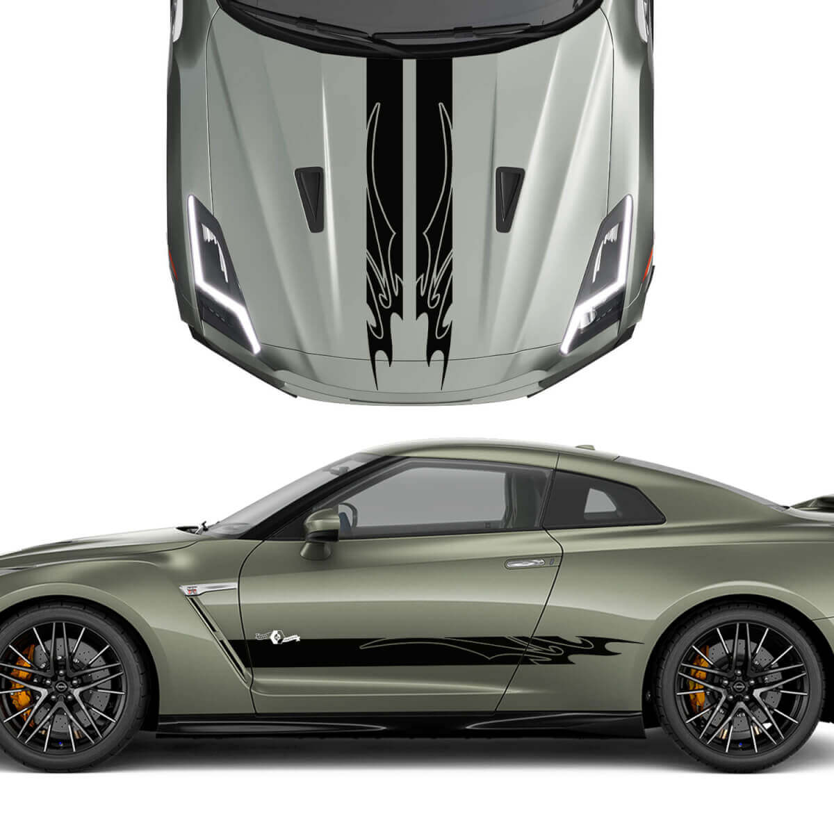Hood and Sides Double Tribal Graphics Stripes Decal Kit pour Nissan GT-R
