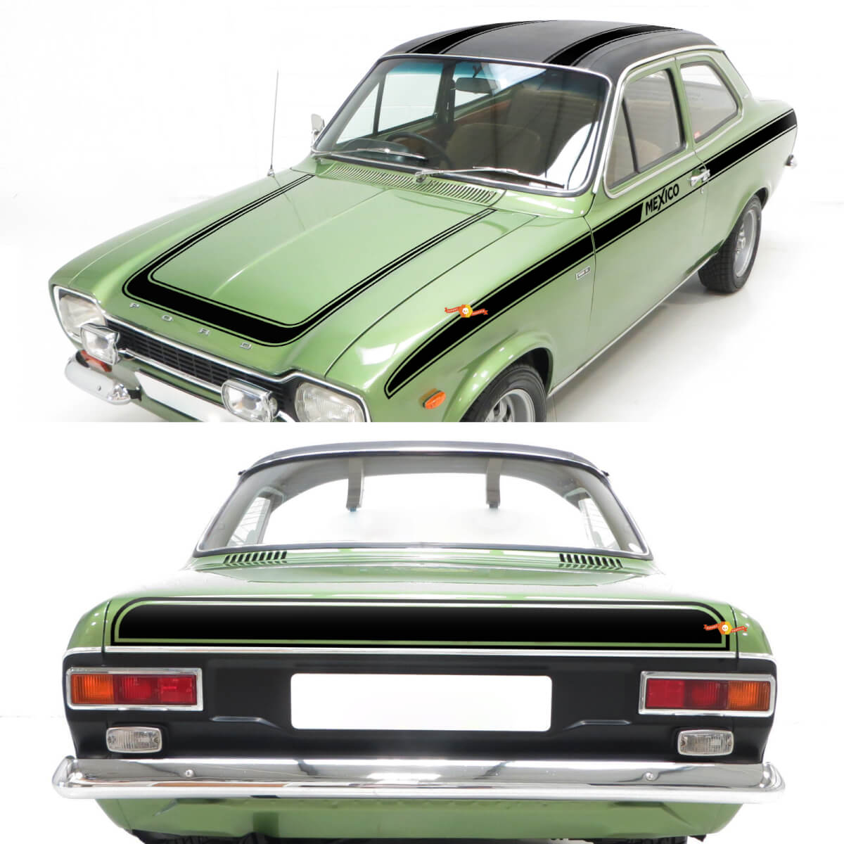 Ensemble complet de bandes latérales, de capot et arrière Vintage Stripes pour Ford Escort 1970 Mexico
