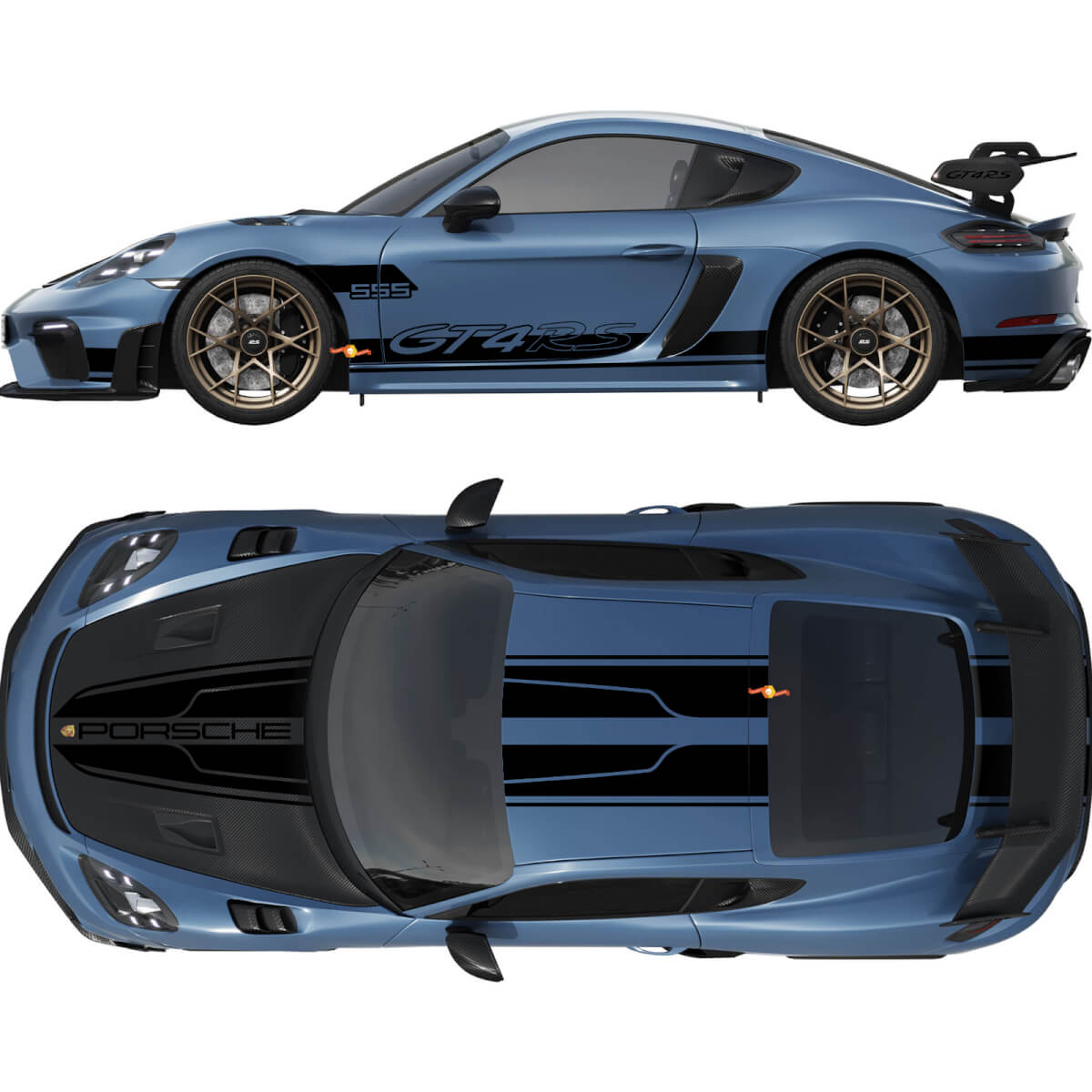 Autocollant de décalcomanie à rayures doubles pour capot, toit, arrière et côtés pour Porsche Cayman 718 GT4RS
