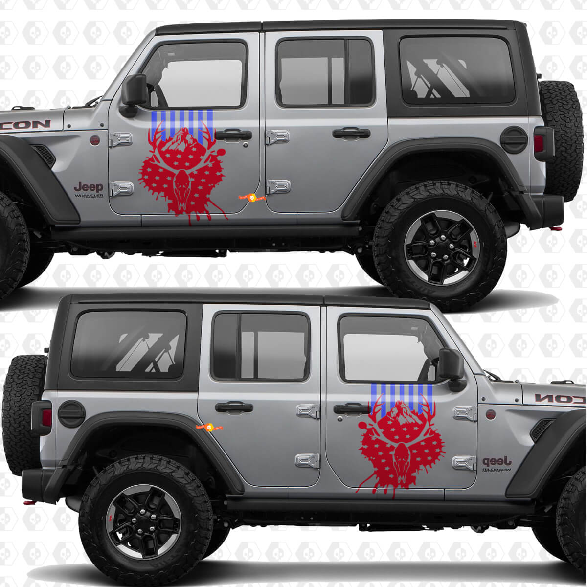 Sticker autocollant en vinyle rayé drapeau US crâne de cerf portes latérales compatible Jeep Wrangler
