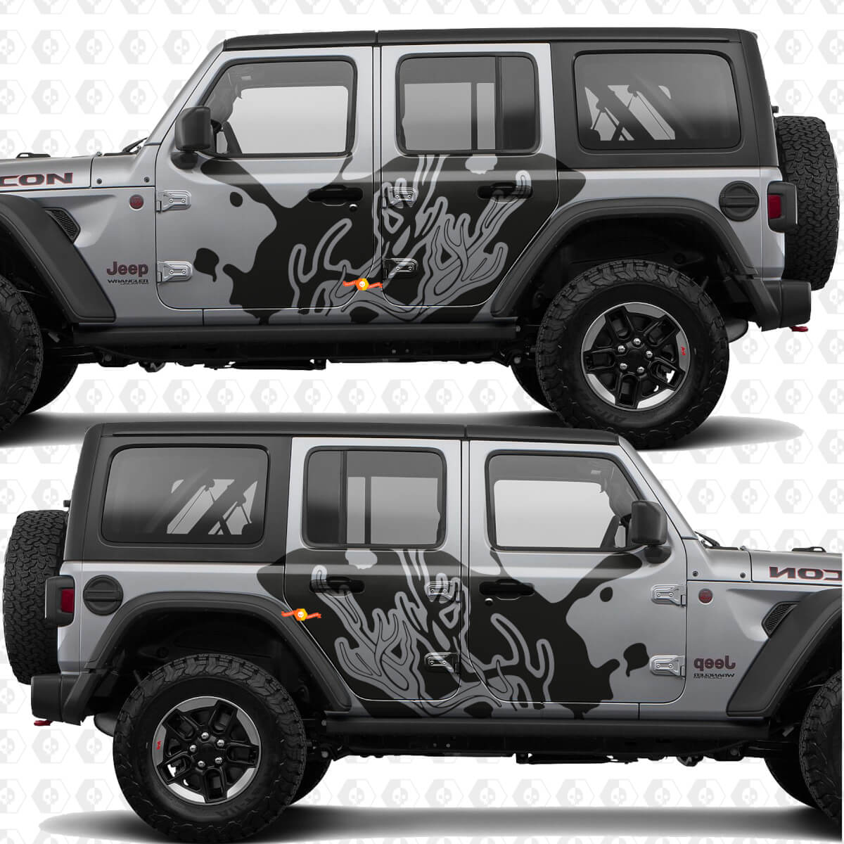 Sticker décalcomanie en vinyle silhouette de bois de cerf côté portes avec éclaboussures compatible Jeep Wrangler