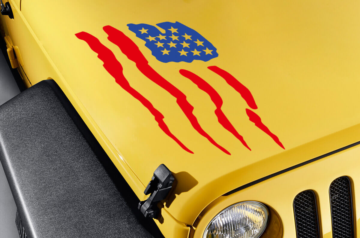 Autocollant vinyle drapeau américain style griffe pour capot de Jeep Wrangler