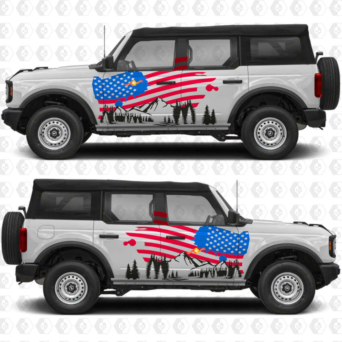 Kit d'autocollants en vinyle pour portes latérales avec drapeau des USA et montagnes pour muscle car cheval