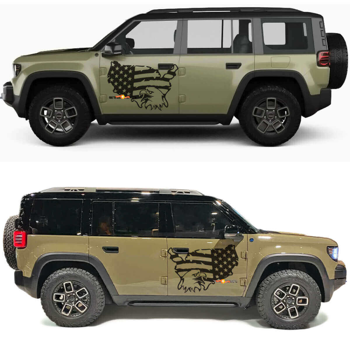 Autocollant en vinyle pour portes latérales Jeep Recon, aigle chauve avec drapeau américain usé
