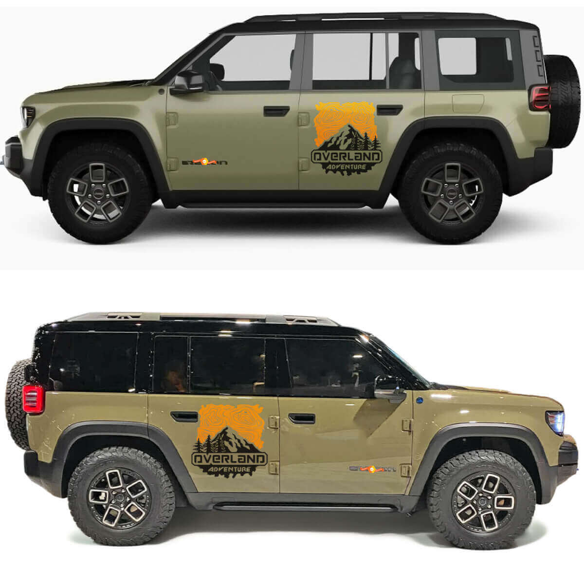 Autocollant en vinyle pour portes latérales avec carte topographique et montagnes de l'aventure Overland pour Jeep Recon