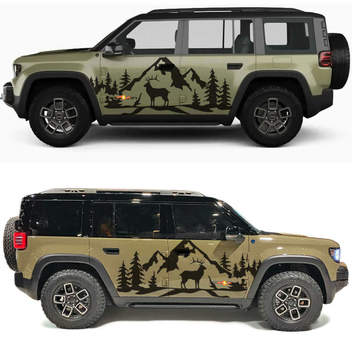 Autocollant en vinyle Portes latérales Montagnes et arbres de cerfs pour Jeep Recon