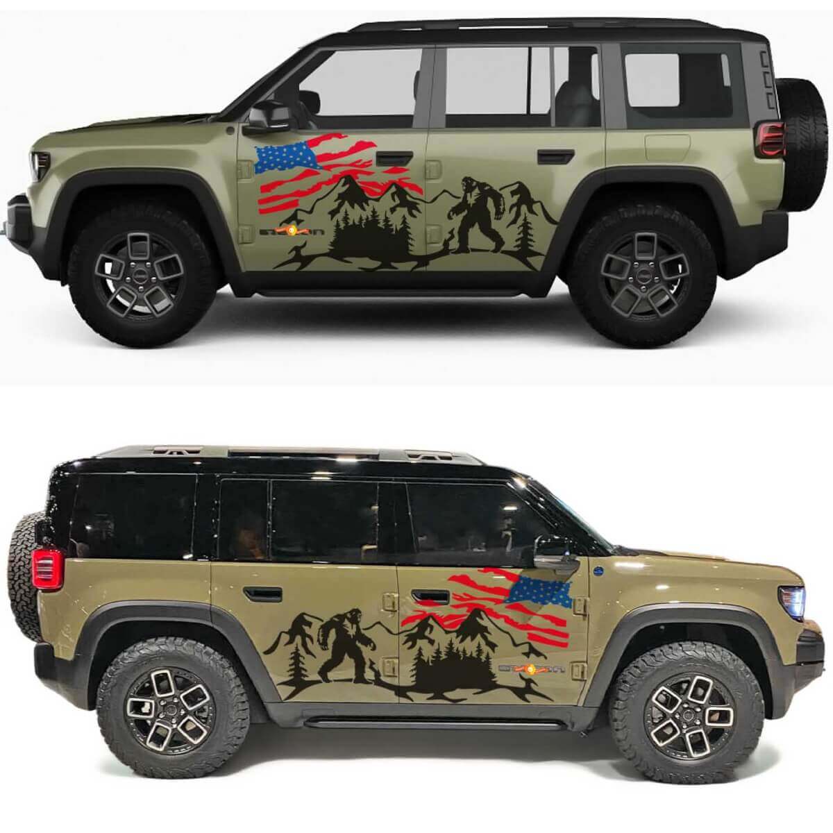 Autocollant vinyle Bigfoot Drapeau US usé avec montagnes pour portes latérales Jeep Recon