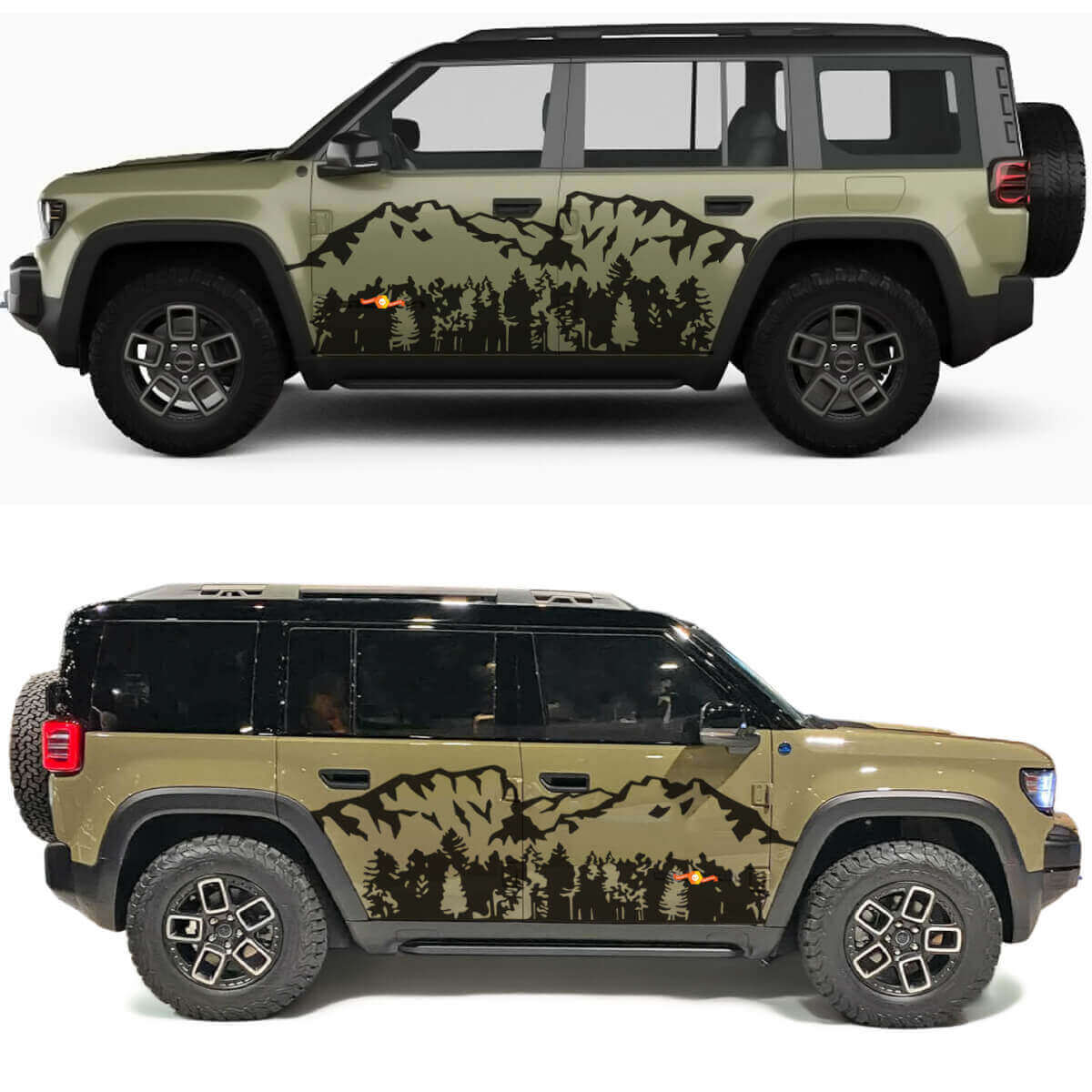 Autocollant en vinyle Portes latérales Arbres Forêt Montagnes pour Jeep Recon