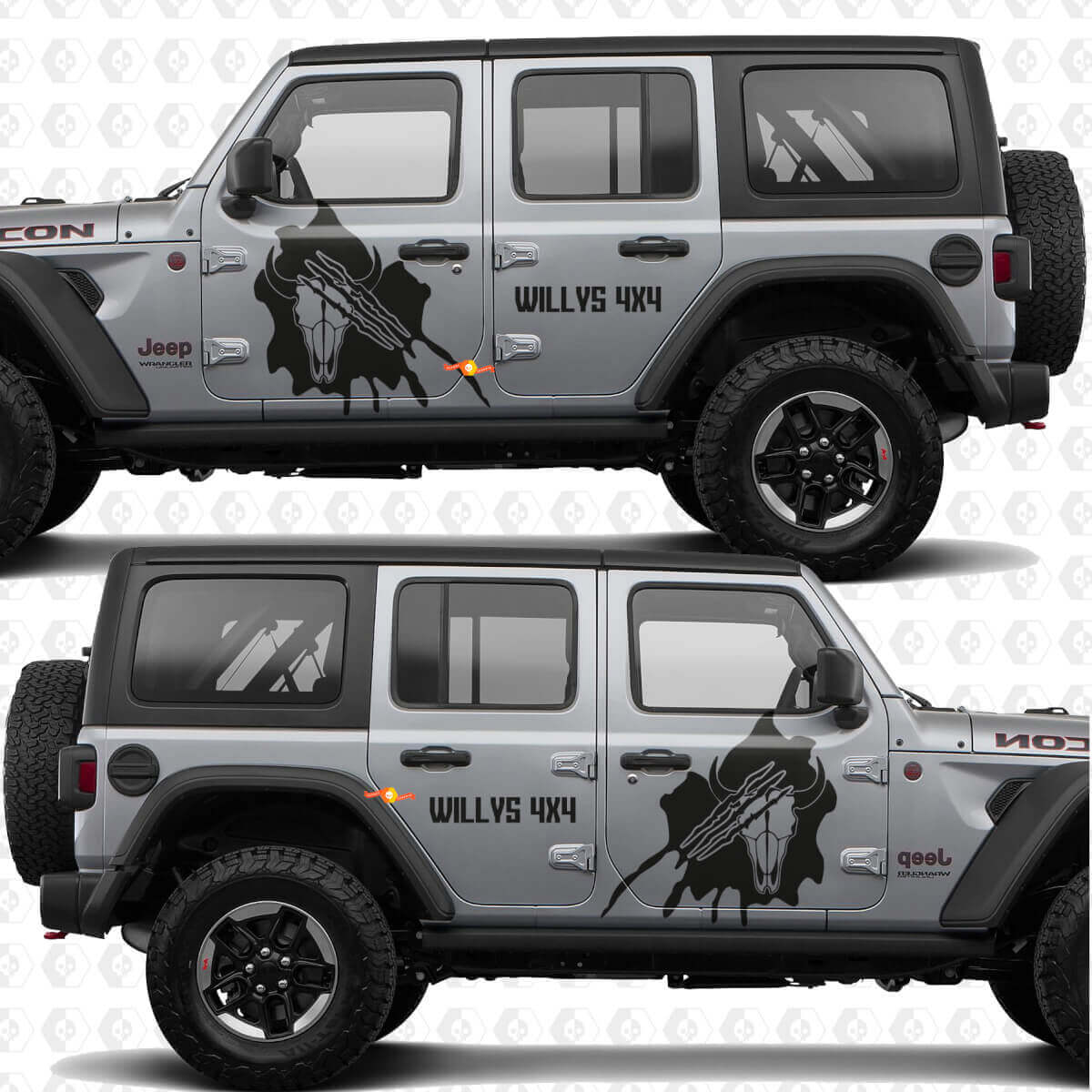 Autocollant vinyle 4x4 Empreintes de griffes de crâne pour portes latérales compatible Jeep Wrangler