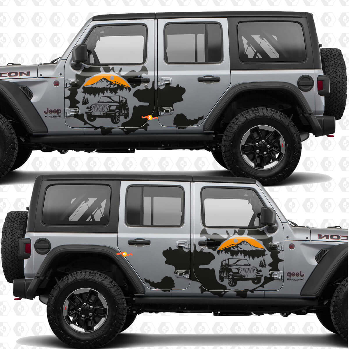 Autocollant vinyle décalque côtés Splash coucher de soleil montagnes Overland compatible Jeep Wrangler