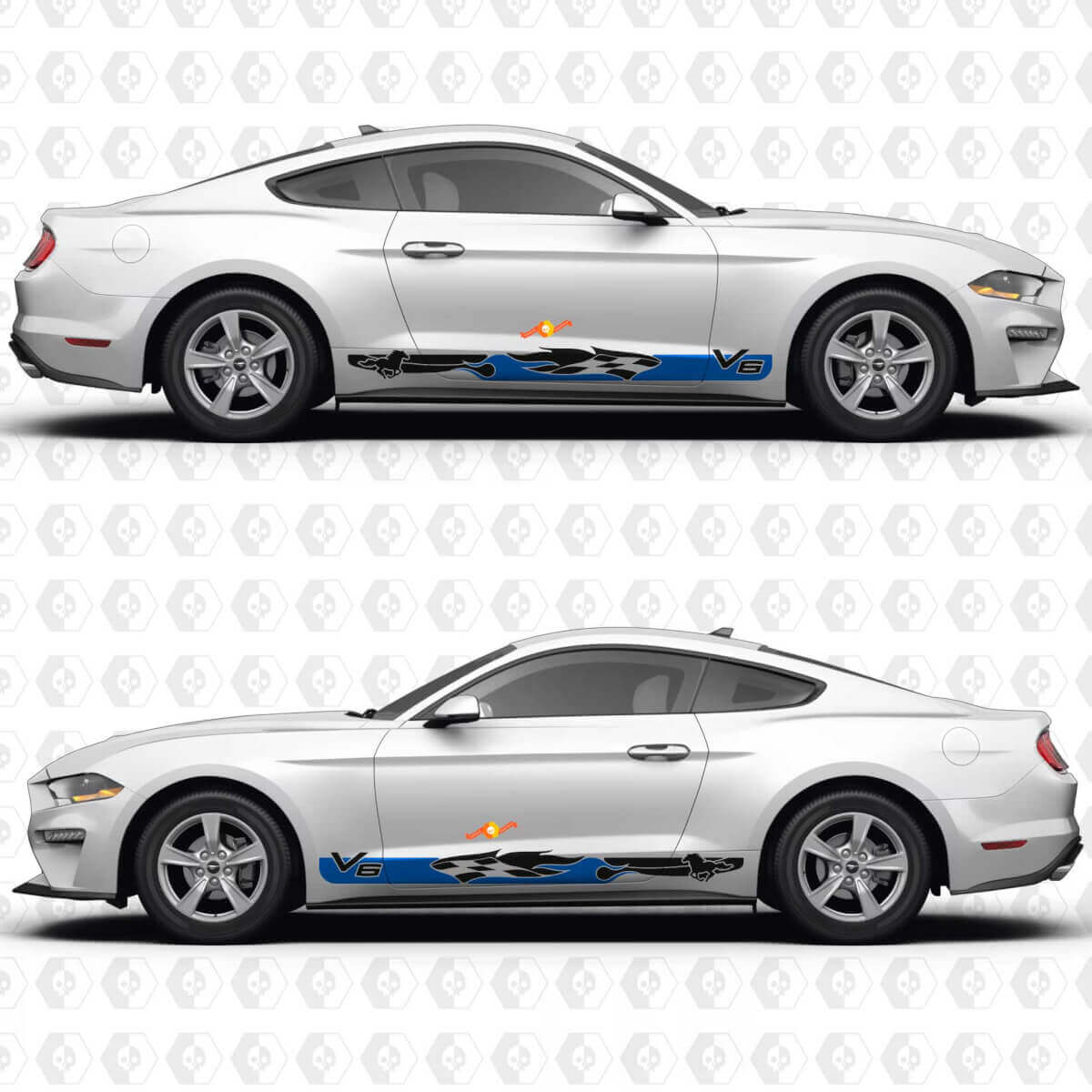 Autocollants en vinyle pour bas de porte latérale inspirés du drapeau à damier V6 Mustang pour Ford Mustang