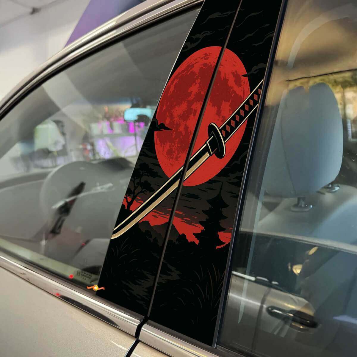 Kit d'autocollants en vinyle pour montant de porte de voiture Katana Japonaise Lune Rouge