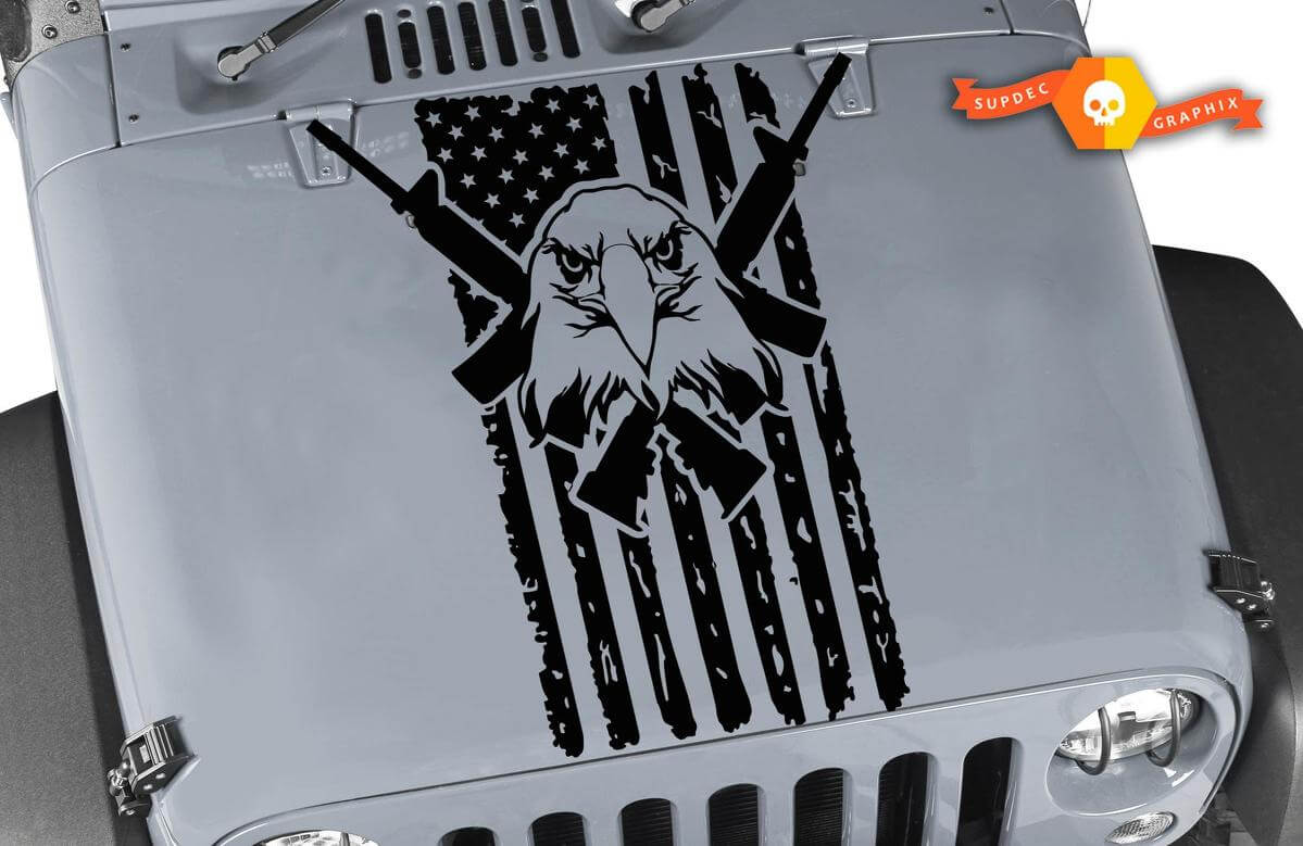 Autocollant vinyle capot Eagle chauve drapeau USA usé avec fusils croisés pour Jeep Wrangler