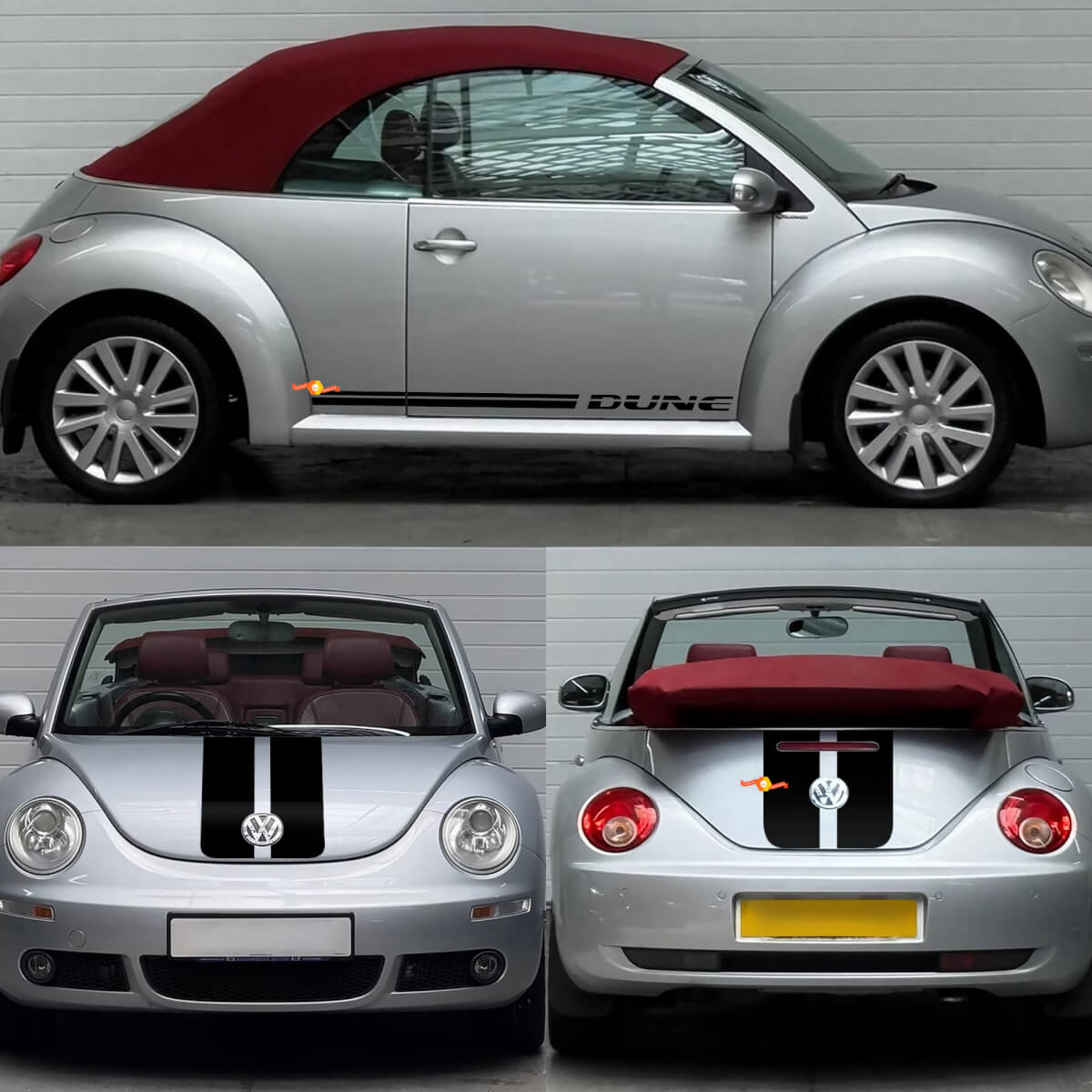 Kit de décalcomanies en vinyle à bandes jumelles style dune pour capot, coffre et côtés pour Volkswagen Beetle Cabriolet