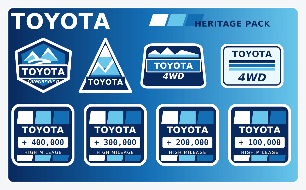 Pack d'autocollants rétro Toyota High Mileage Heritage bleu clair bleu blanc délavé graphiques