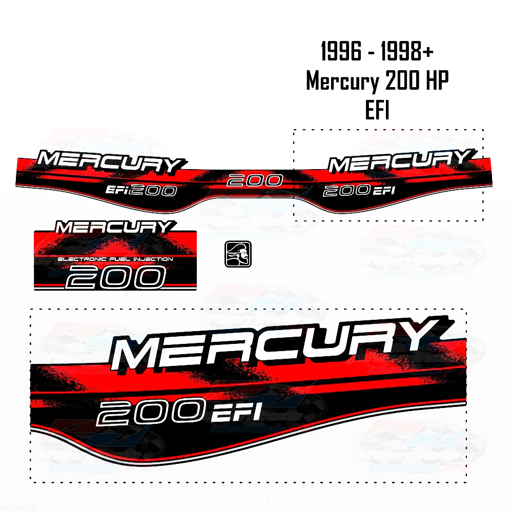 1996-1998 + Mercury 200HP EFI Ensemble de décalcomanies Hors-bord Reproduction 3 pièces Vinyle 1997
