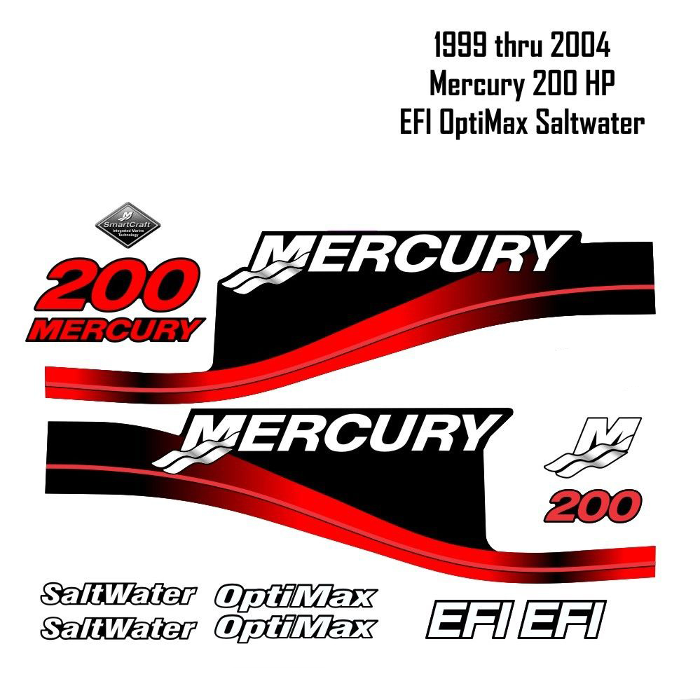 1999-2004 Mercury 200HP Stickers rouges EFI OptiMax Saltwater 15pc Repro Outboard Vinyl Sticker Stickers Kit