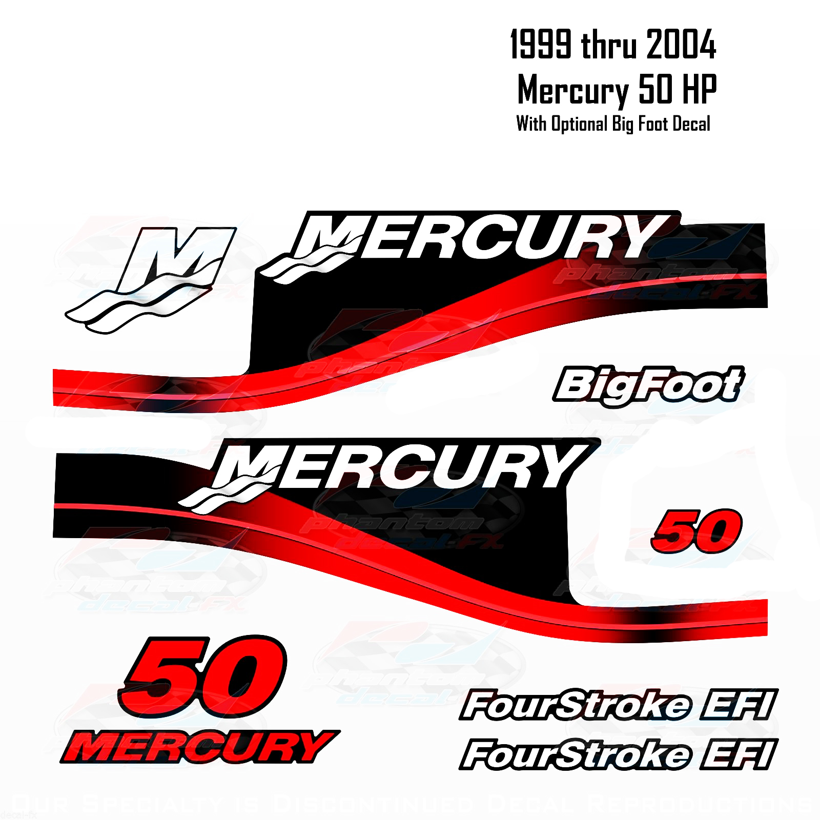 1999-2004 Mercury 50HP Red Decals Deux et quatre temps EFI BigFoot 11 pc Repro