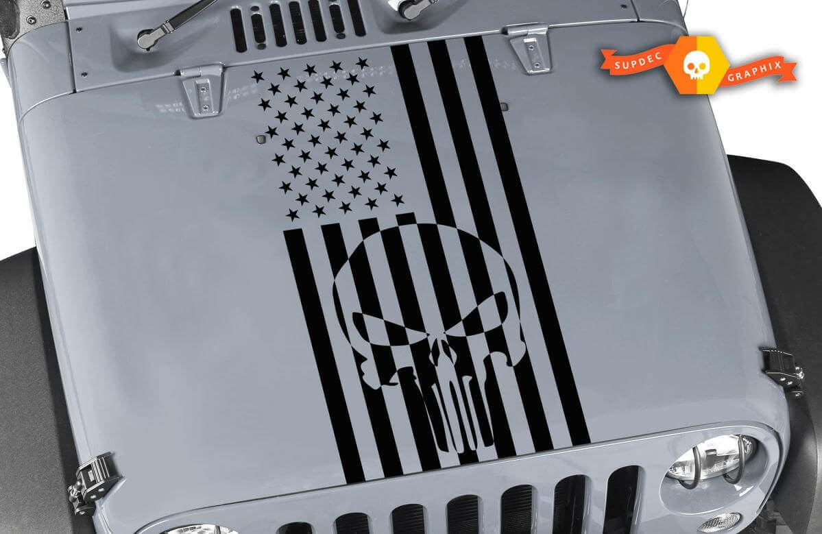 Autocollant en vinyle Capuche Tête de Mort Punisher Drapeau USA pour Jeep Wrangler