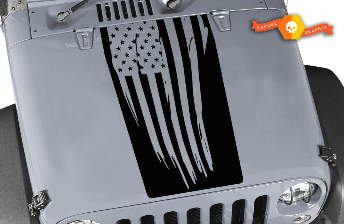 Autocollant en vinyle noirci avec drapeau USA usé pour capot Jeep Wrangler JK LJ TJ