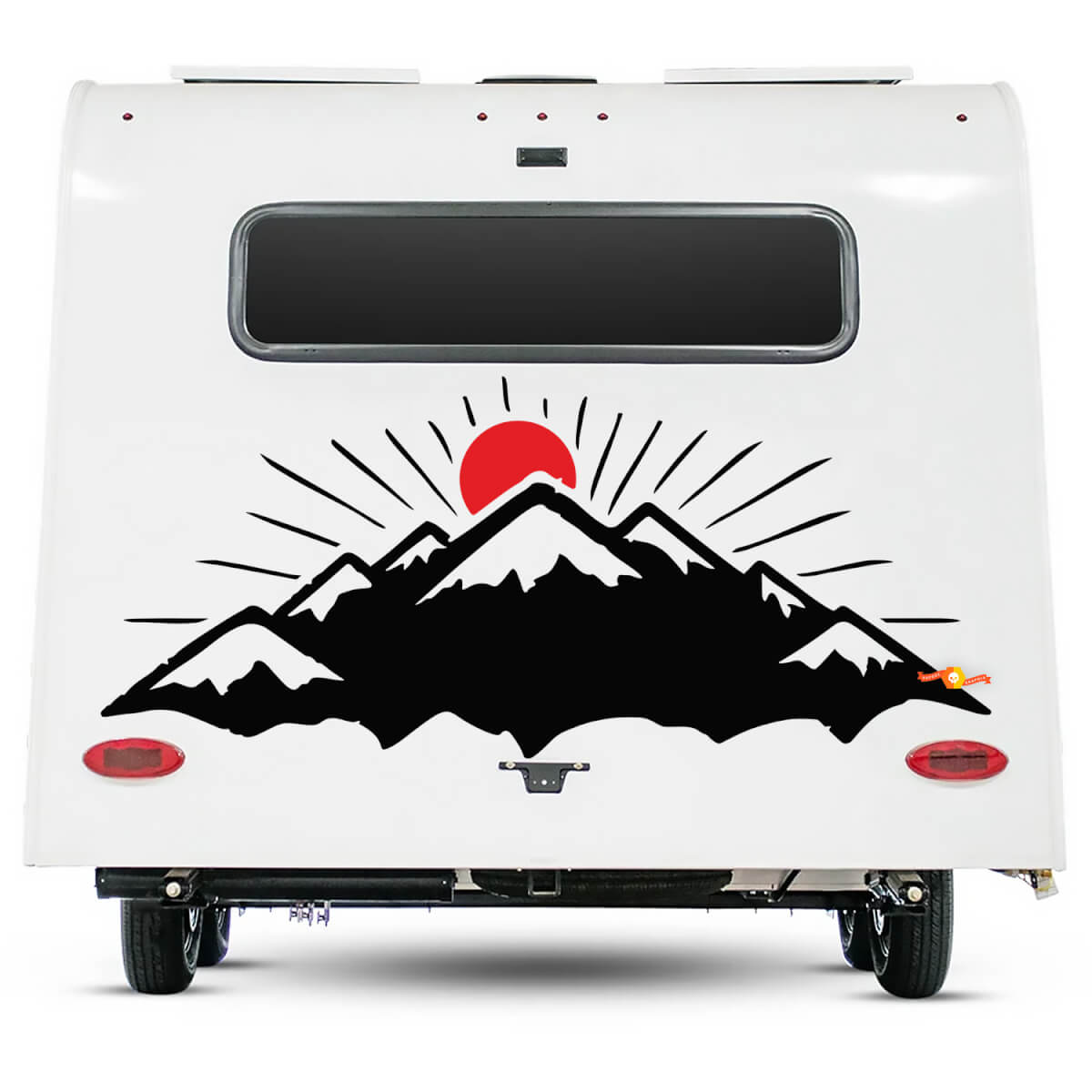 Décalque de camping Montagnes et Soleil Autocollant vinyle pour caravane, camping-car, fourgon et voiture.
