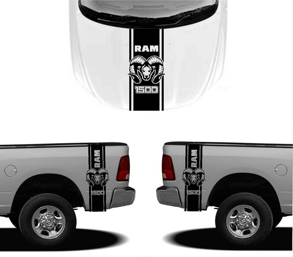Autocollants Vinyle Rayures Style Capot Hemi et Latérales pour Dodge RAM 1500 2500