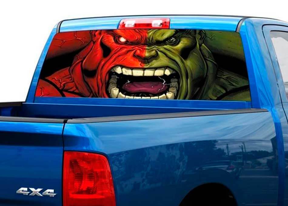 Autocollant vinyle Vert Monstre Rouge style Hulk pour lunette arrière de pickups et SUV