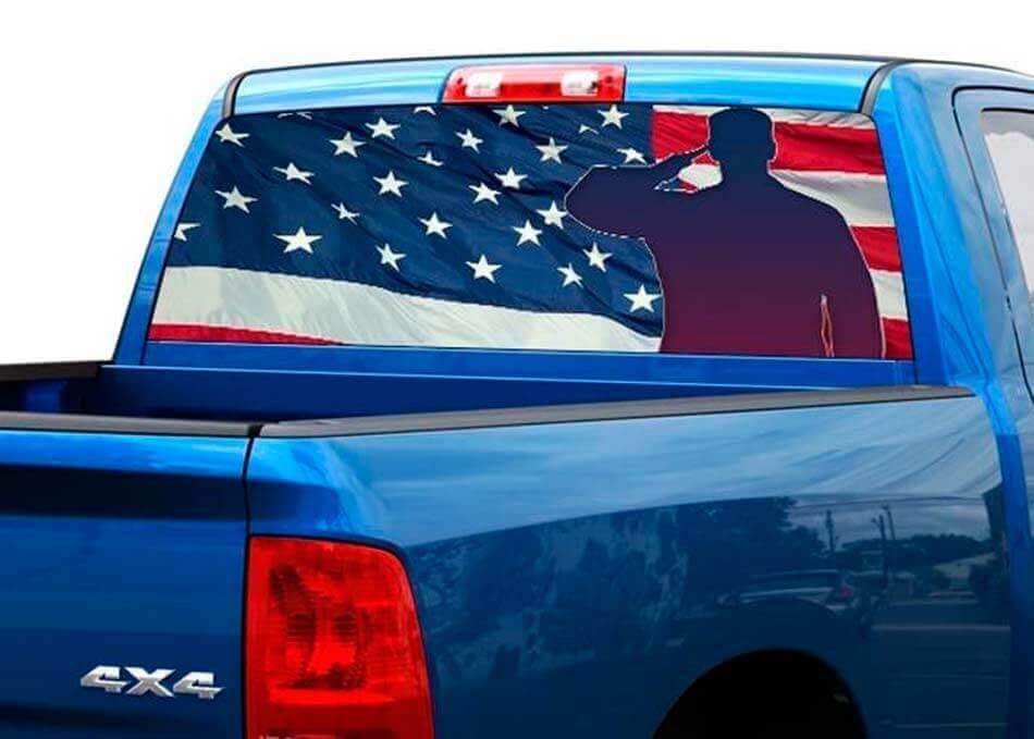 Autocollant en vinyle pour fenêtre arrière avec drapeau américain et soldat saluant pour camion SUV