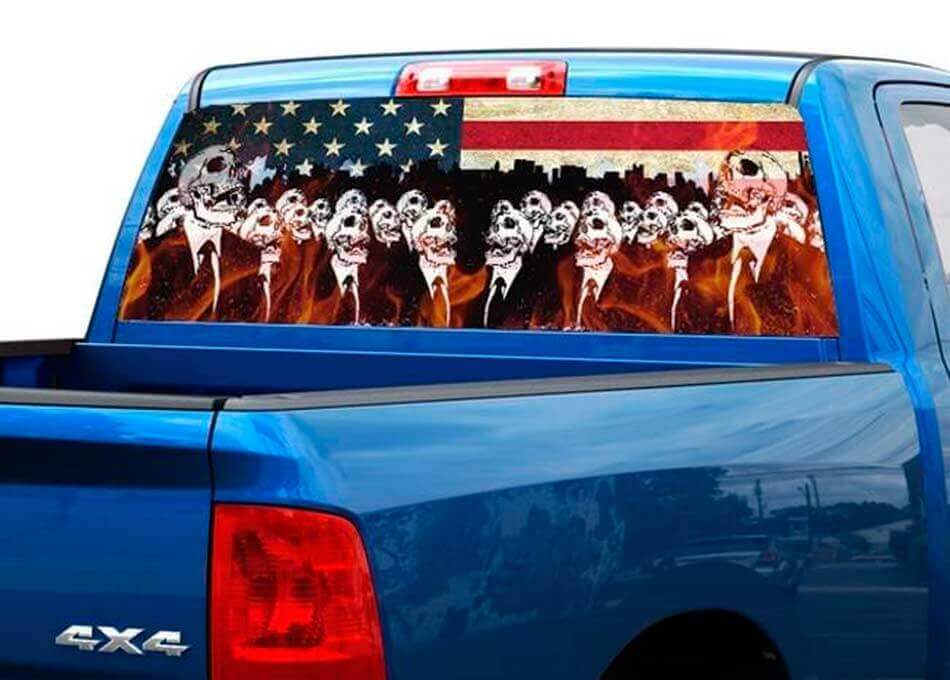 Autocollant Drapeau USA Squelettes Enflammés pour Lunette Arrière de Pickup