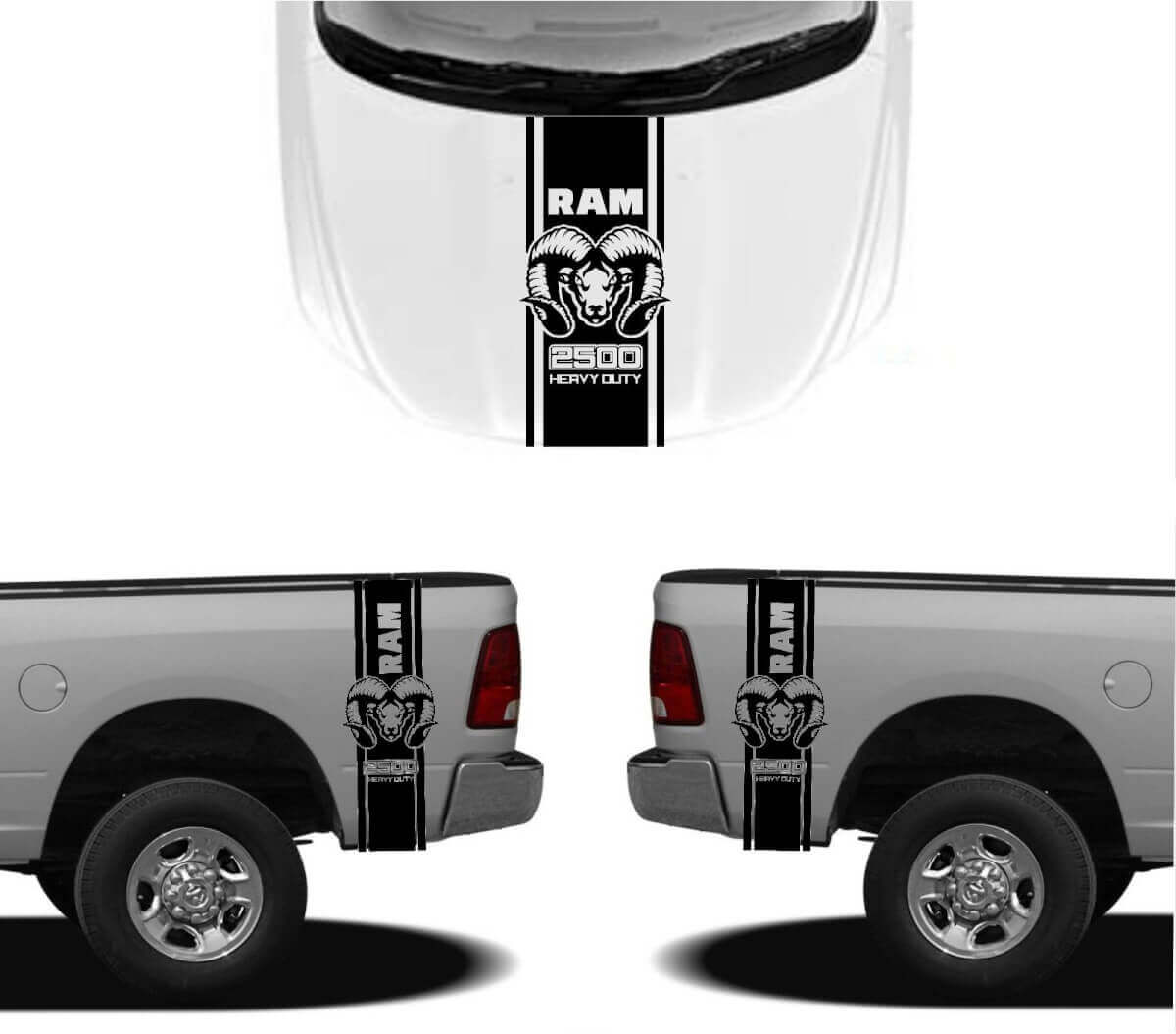 Kit d'autocollants vinyle pour capot style HEMI et bandes latérales arrière pour Dodge Ram 1500 2500