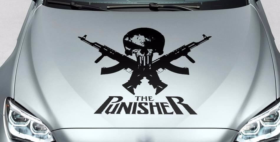 Autocollant en vinyle capuche Tête de mort Punisher avec pistolets croisés pour voitures