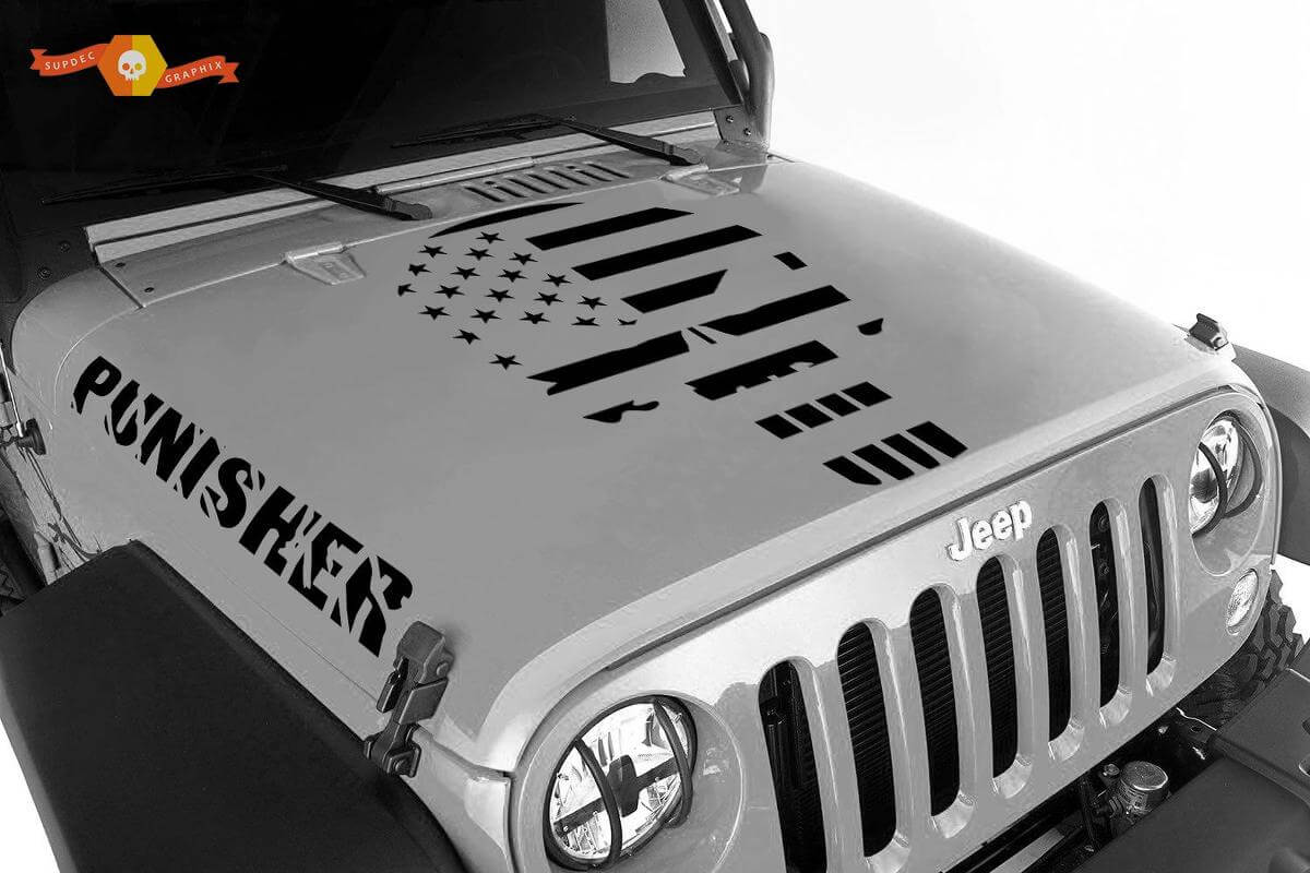 Autocollants en vinyle de capot style drapeau américain Skull Punisher pour Jeep Wrangler