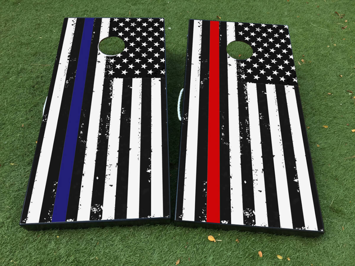 Ensemble de décalques d'autocollants pour planche de cornhole avec drapeau américain usé, ligne bleue et rouge fine