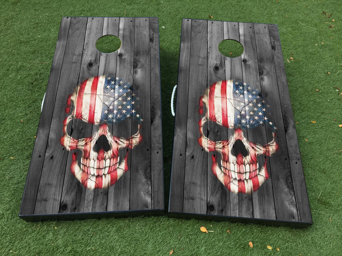 Ensemble d'autocollants en vinyle pour planche de cornhole style drapeau USA avec crâne