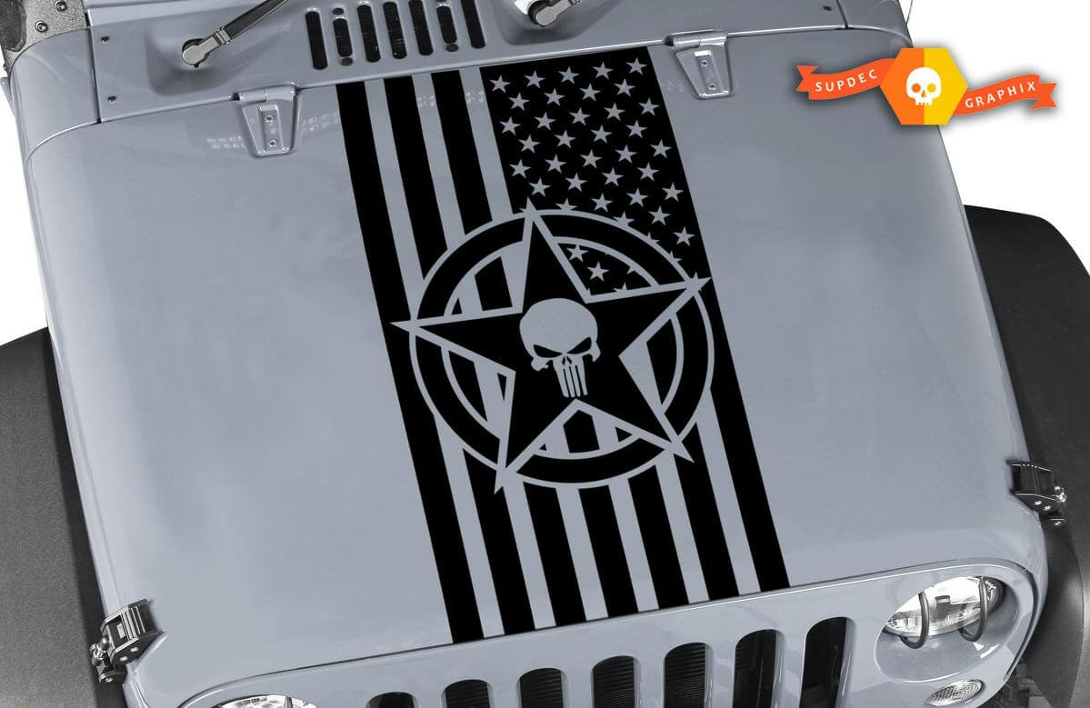 Autocollant en vinyle drapeau américain étoile et crâne pour capot de Wrangler