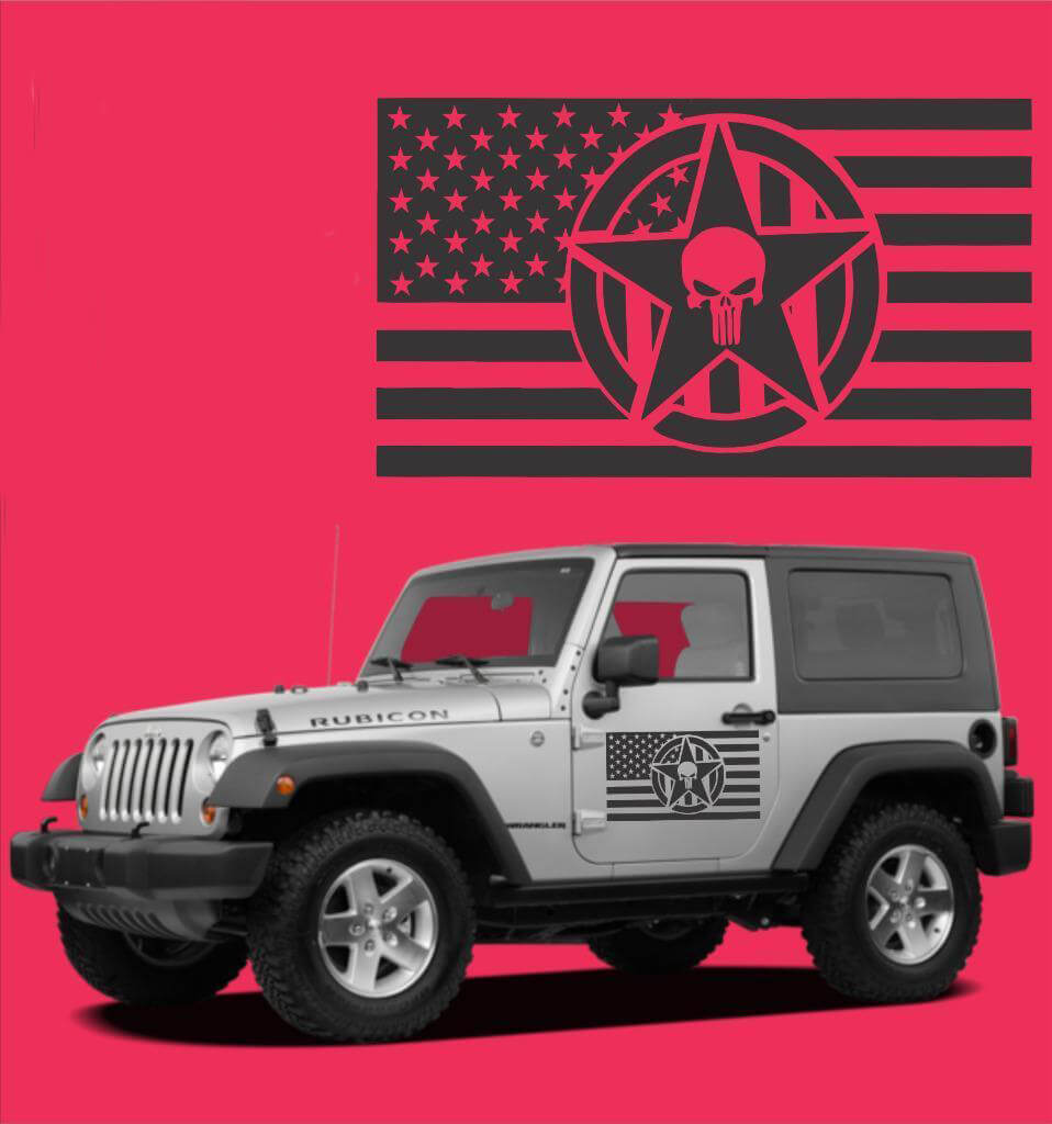Kit de décalcomanies en vinyle pour porte avec drapeau USA, crâne Punisher et étoile pour Jeep Wrangler