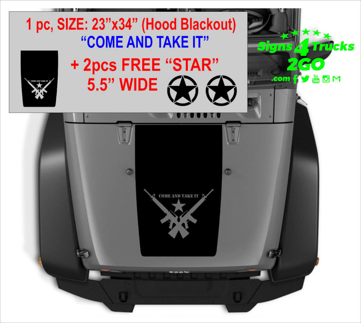 Ensemble d'autocollants de capot Come and Take It Blackout avec autocollants étoiles pour Jeep Wrangler JK